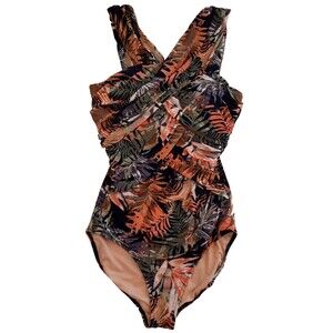 Garnet Hill 10 Med Tropical Batik Crossover Neck Ruched Front One Piece Swimsuit